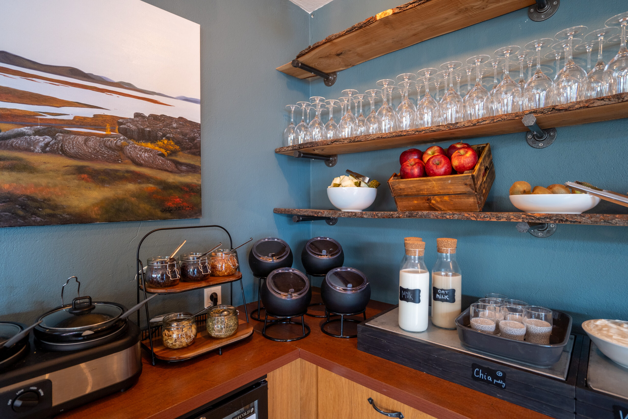 Hotel Breakfast Buffet with Wooden Shelves
