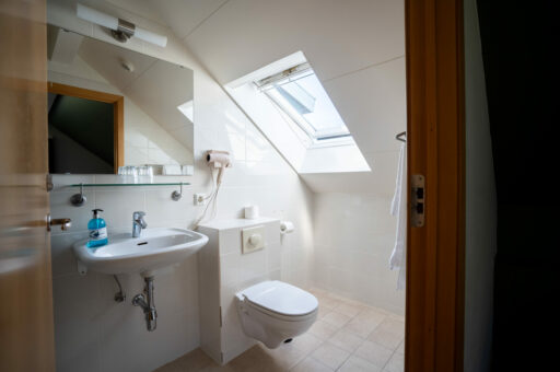 Bright hotel bathroom with skylight window, Hótel Breiðdalsvík East Iceland